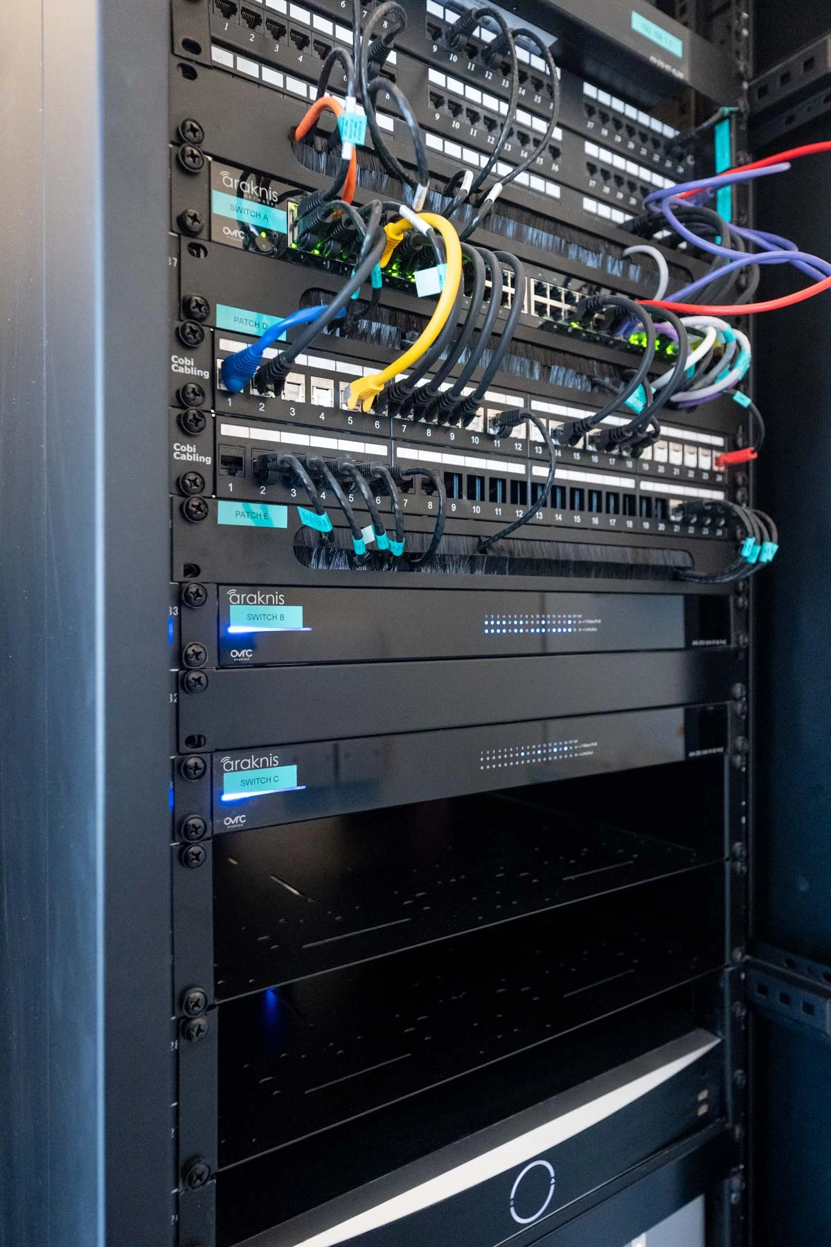 Araknis network equipment in a professionally installed rack