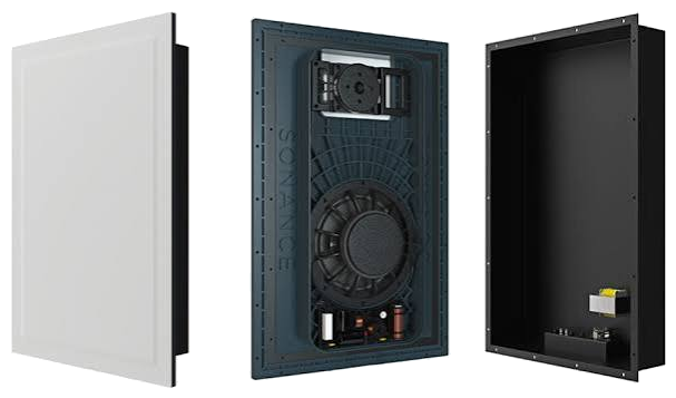 Sonance in-wall architectural speaker, exploded view showing grille, driver and back box