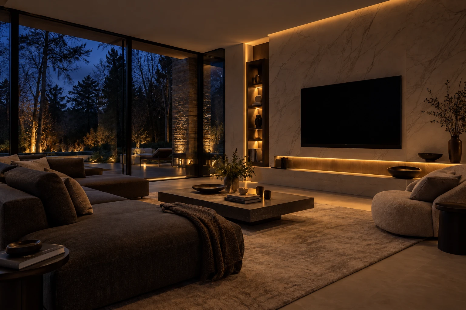 The same living room in the evening, downlights off, with a soft warm ambient glow