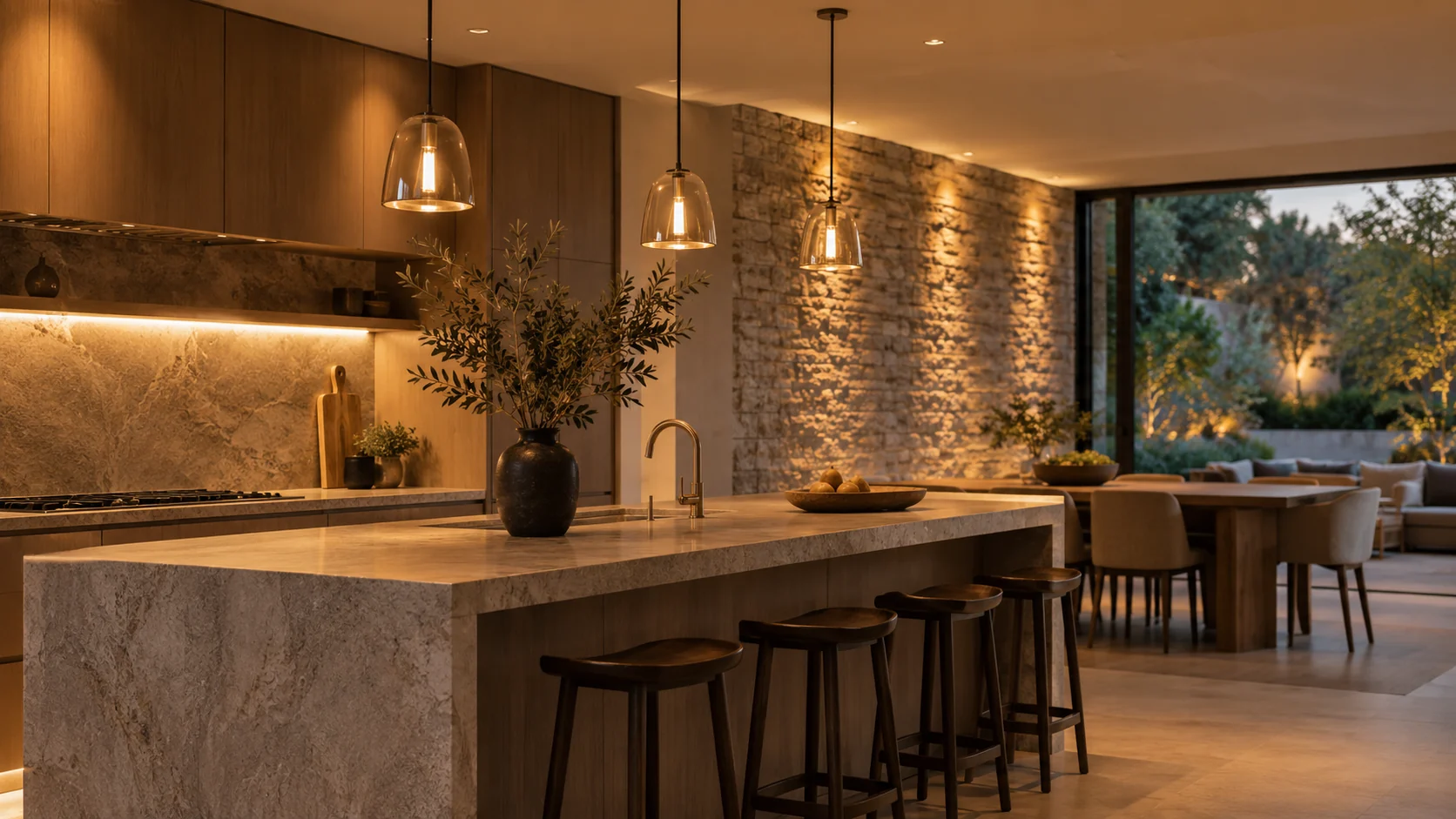 Pendant lights, recessed downlights and wall lighting in a contemporary interior