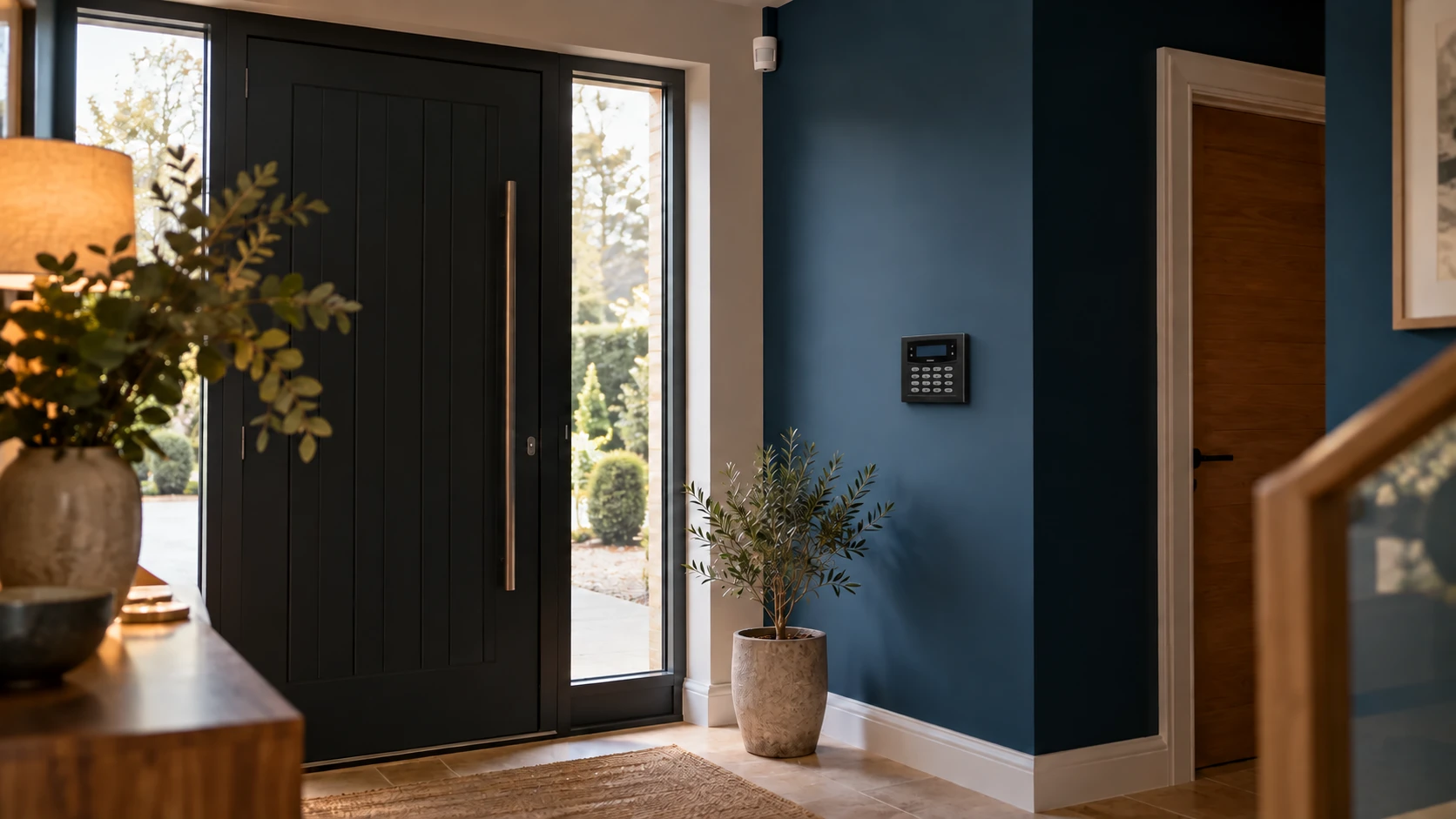 Entrance hall concept with a black Texecom Premier Elite-style keypad and motion detector